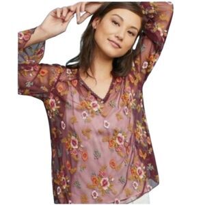 Feather Bone Anthropologie Floral Mesh Blouse Burgundy Boho Bell Sleeve XS